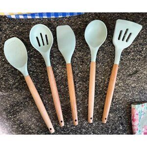 5 Pcs Non-Stick Silicone Kitchen Cooking Utensils with Wooden Handle